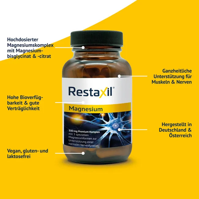 Restaxil Magnesium | Triple Magnesium Complex | Magnesium Bisglycinate, Citrate & Oxide | Muscle, Nerve & Energy Support | 180 Vegan Capsules | PZN 20279429