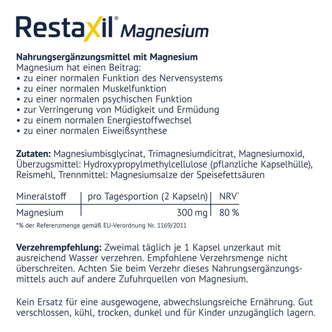Restaxil Magnesium | Triple Magnesium Complex | Magnesium Bisglycinate, Citrate & Oxide | Muscle, Nerve & Energy Support | 180 Vegan Capsules | PZN 20279429