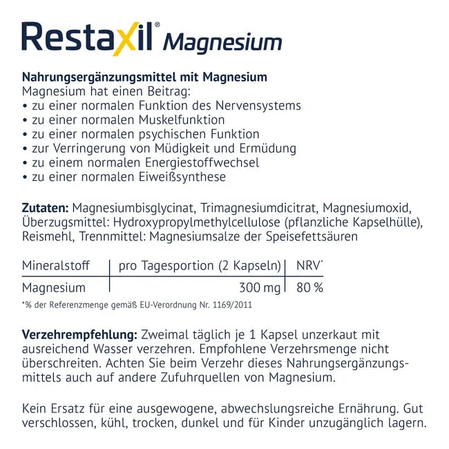 Restaxil Magnesium | Triple Magnesium Complex | Magnesium Bisglycinate, Citrate & Oxide | Muscle, Nerve & Energy Support | 180 Vegan Capsules | PZN 20279429