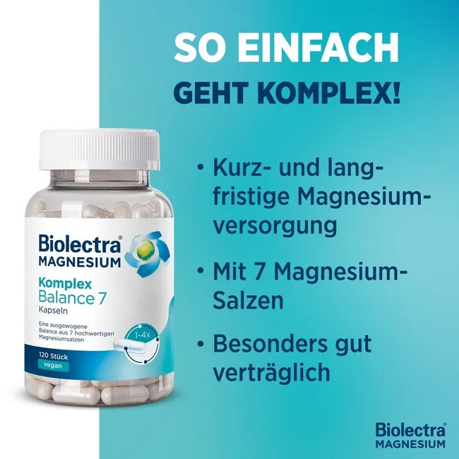Biolectra Magnesium Complex Balance 7 | 7 Magnesium Forms with Bisglycinate, Citrate & Malate | 100–400 mg Magnesium | Vegan | 120 Capsules | PZN 20300052