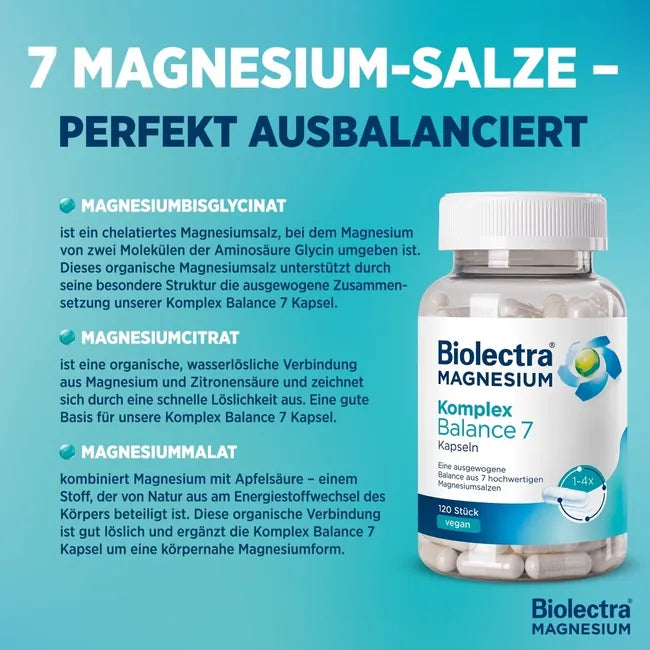 Biolectra Magnesium Complex Balance 7 | 7 Magnesium Forms with Bisglycinate, Citrate & Malate | 100–400 mg Magnesium | Vegan | 120 Capsules | PZN 20300052