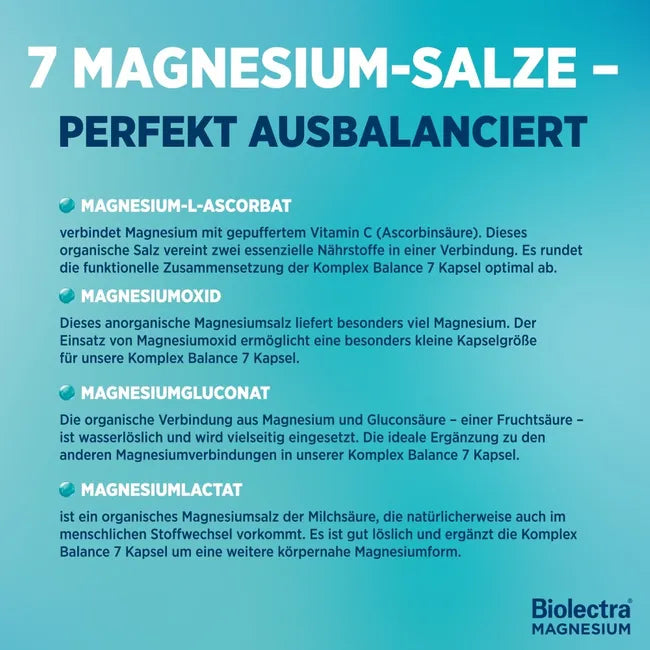 Biolectra Magnesium Complex Balance 7 | 7 Magnesium Forms with Bisglycinate, Citrate & Malate | 100–400 mg Magnesium | Vegan | 120 Capsules | PZN 20300052