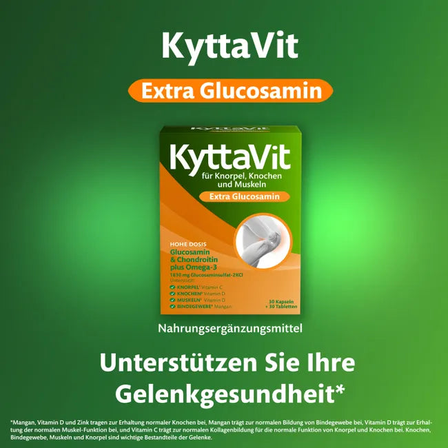 KyttaVit Extra Glucosamine 30 Tablets + 30 Soft Capsules | Glucosamine, Chondroitin, Omega-3, Vitamins C & D | Joint, Cartilage, Bone & Muscle Support  PZN 20305641