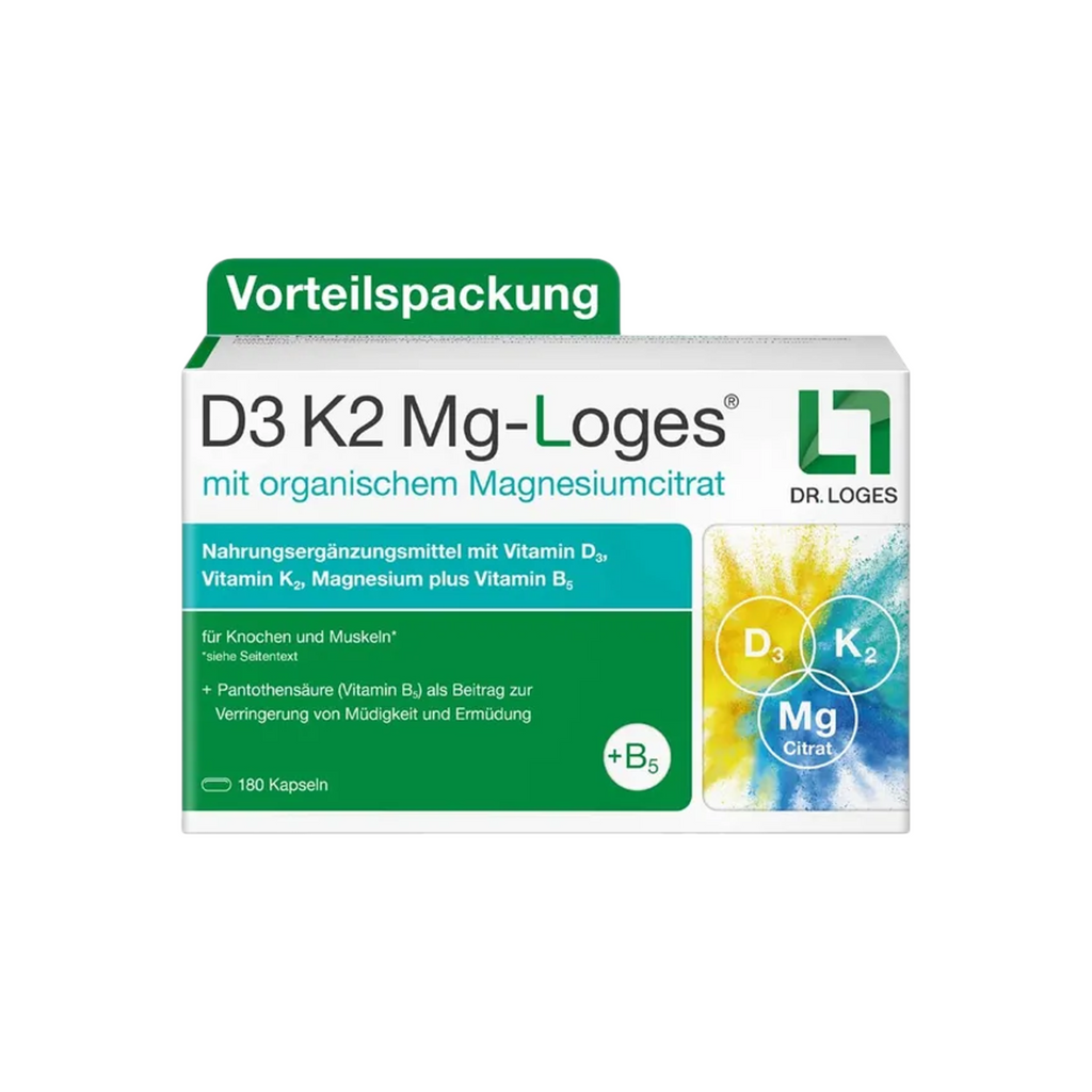 D3 K2 Mg-Loges | Vitamin D3 2,000 IU + K2 MK-7 + Magnesium Citrate & Vitamin B5 | 180 Capsules | PZN 19759006