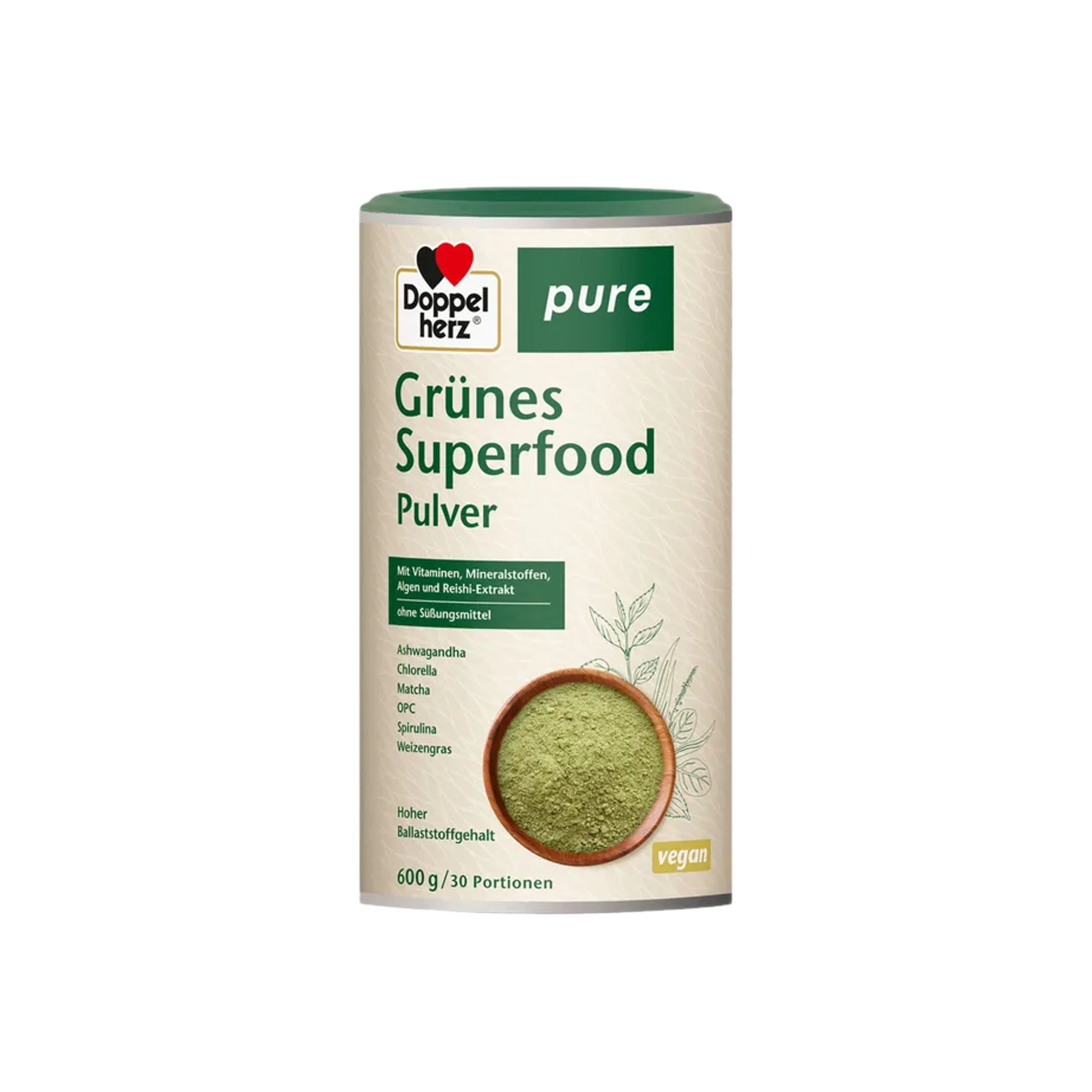 Doppelherz Green Superfood PURE | Spirulina, Chlorella, Wheatgrass, Matcha, Ashwagandha, Vitamins & Minerals | Vegan Greens Powder | 600 g | PZN 18839950