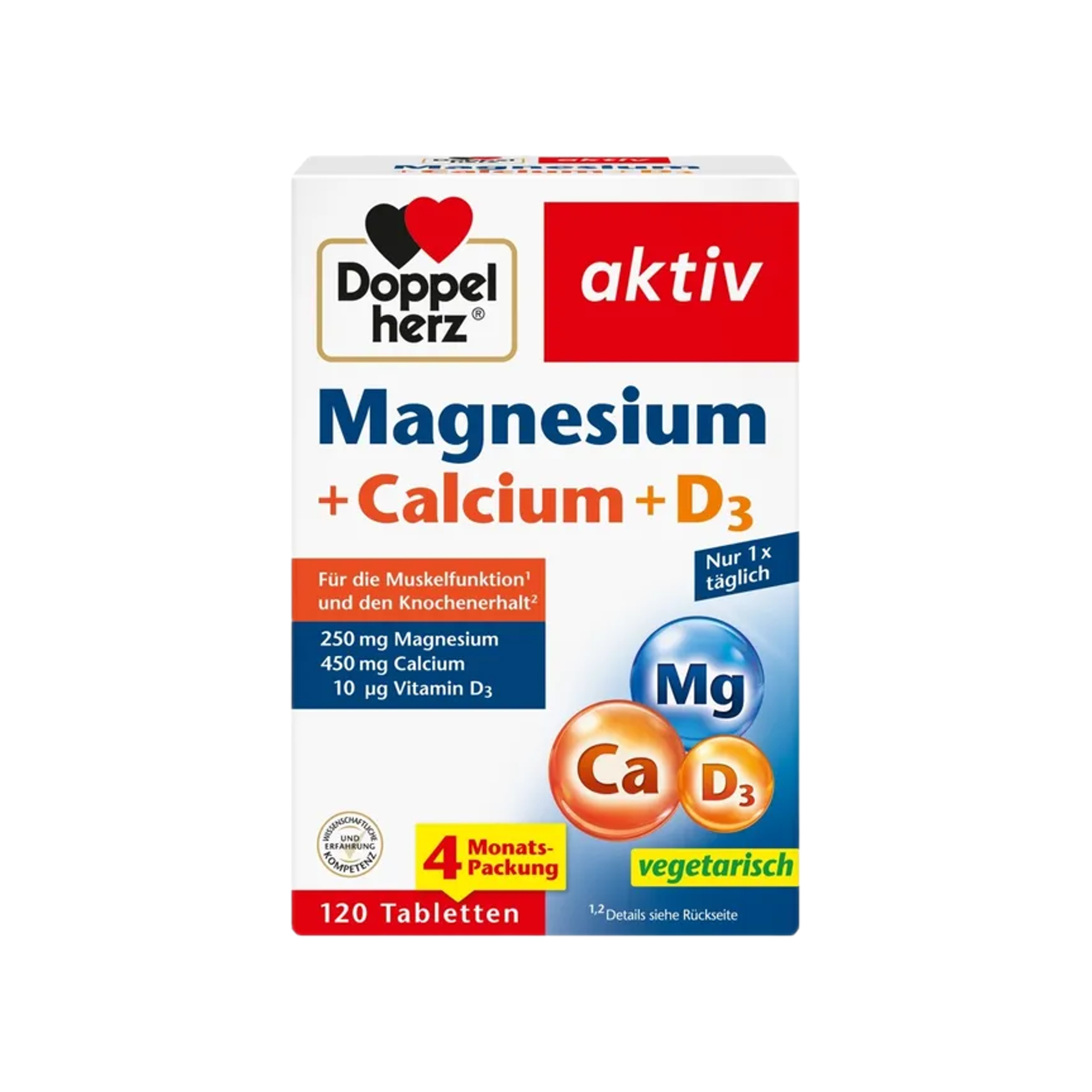 Doppelherz Magnesium + Calcium + D3 | 250 mg Magnesium + 450 mg Calcium & Vitamin D3 | Bone & Muscle Support | 120 Tablets | PZN 16824542