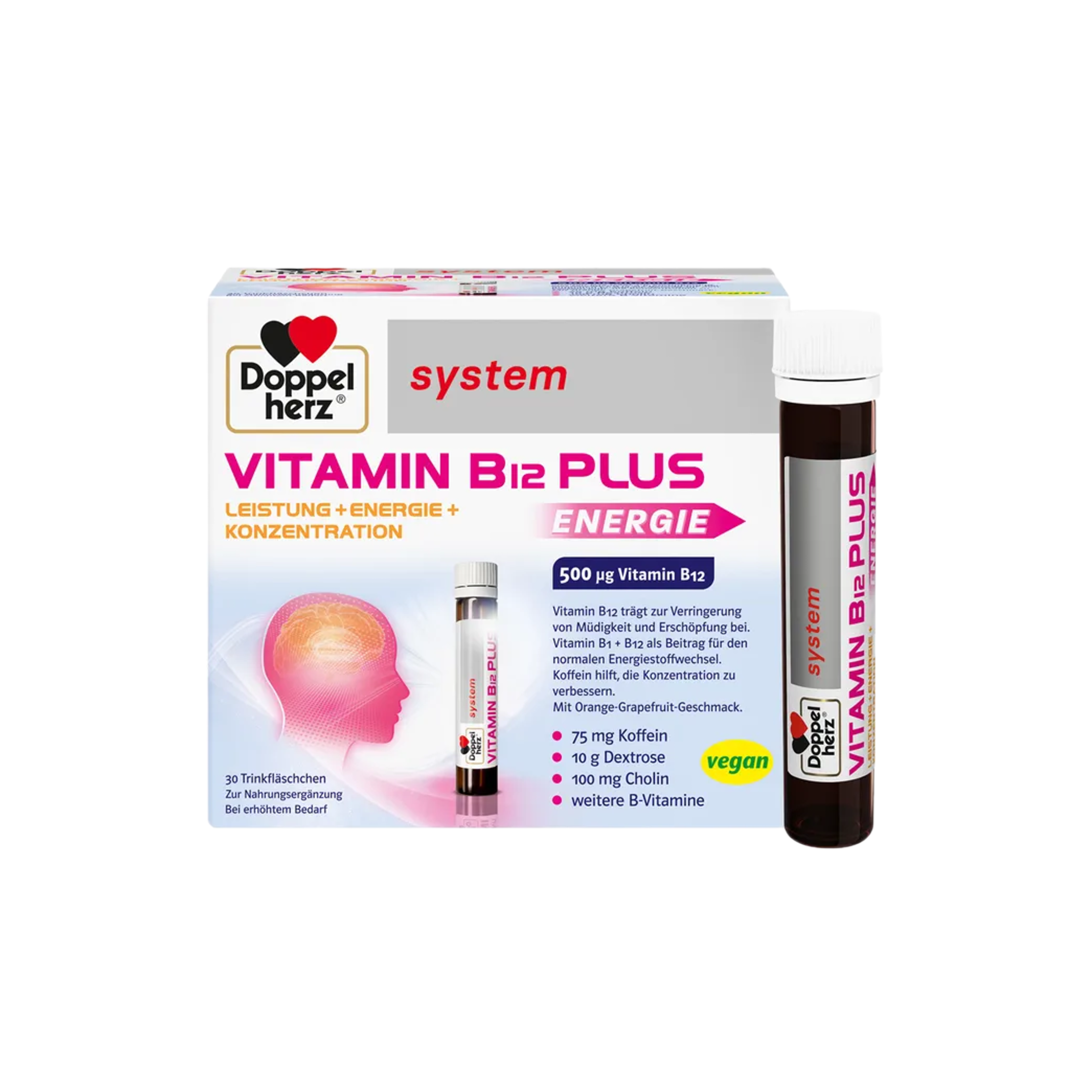 Doppelherz System Vitamin B12 Plus Energy | 500 μg B12 + Caffeine, Choline, B1 & B5 | 30 × 25 ml | PZN 09071361
