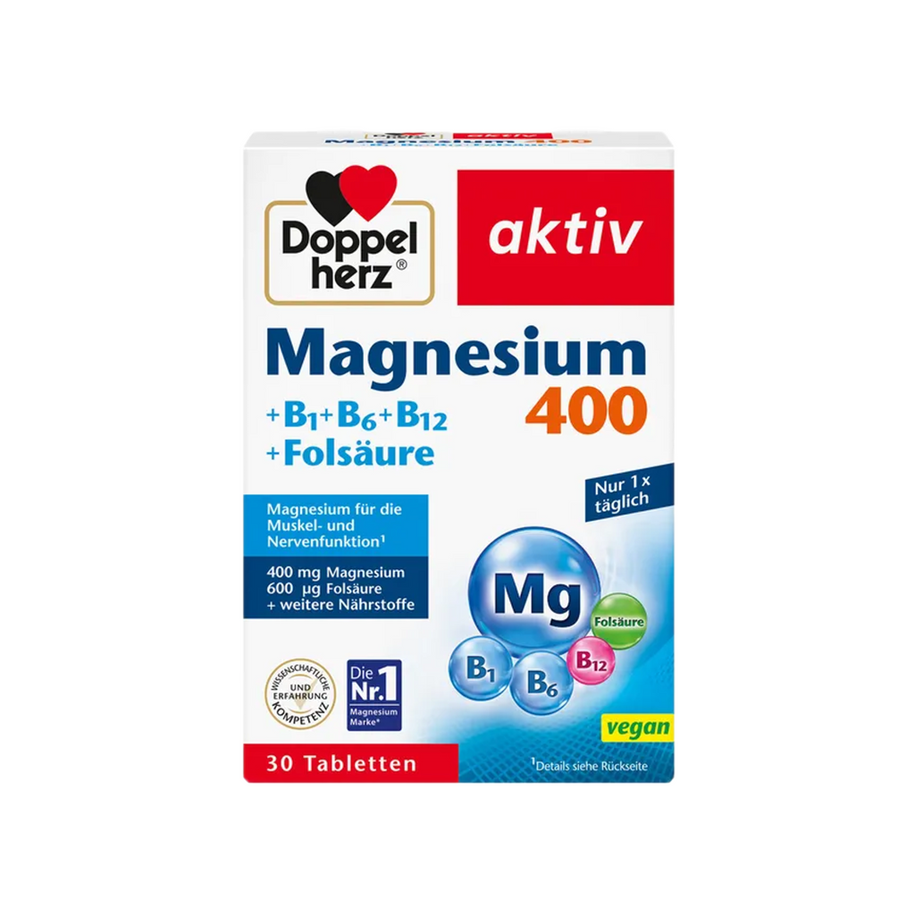 Doppelherz® aktiv Magnesium 400 + B1, B6, B12 & Folic Acid | Muscles, Nerves & Energy | 30 Tablets | PZN 04494507