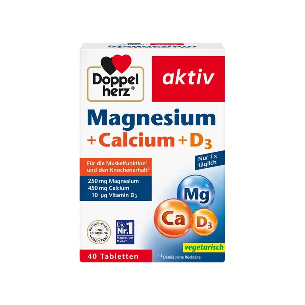 Doppelherz® aktiv Magnesium + Calcium + D3 | 250 mg Magnesium + 450 mg Calcium for Muscles & Bones | 40 Tablets | PZN 01922316