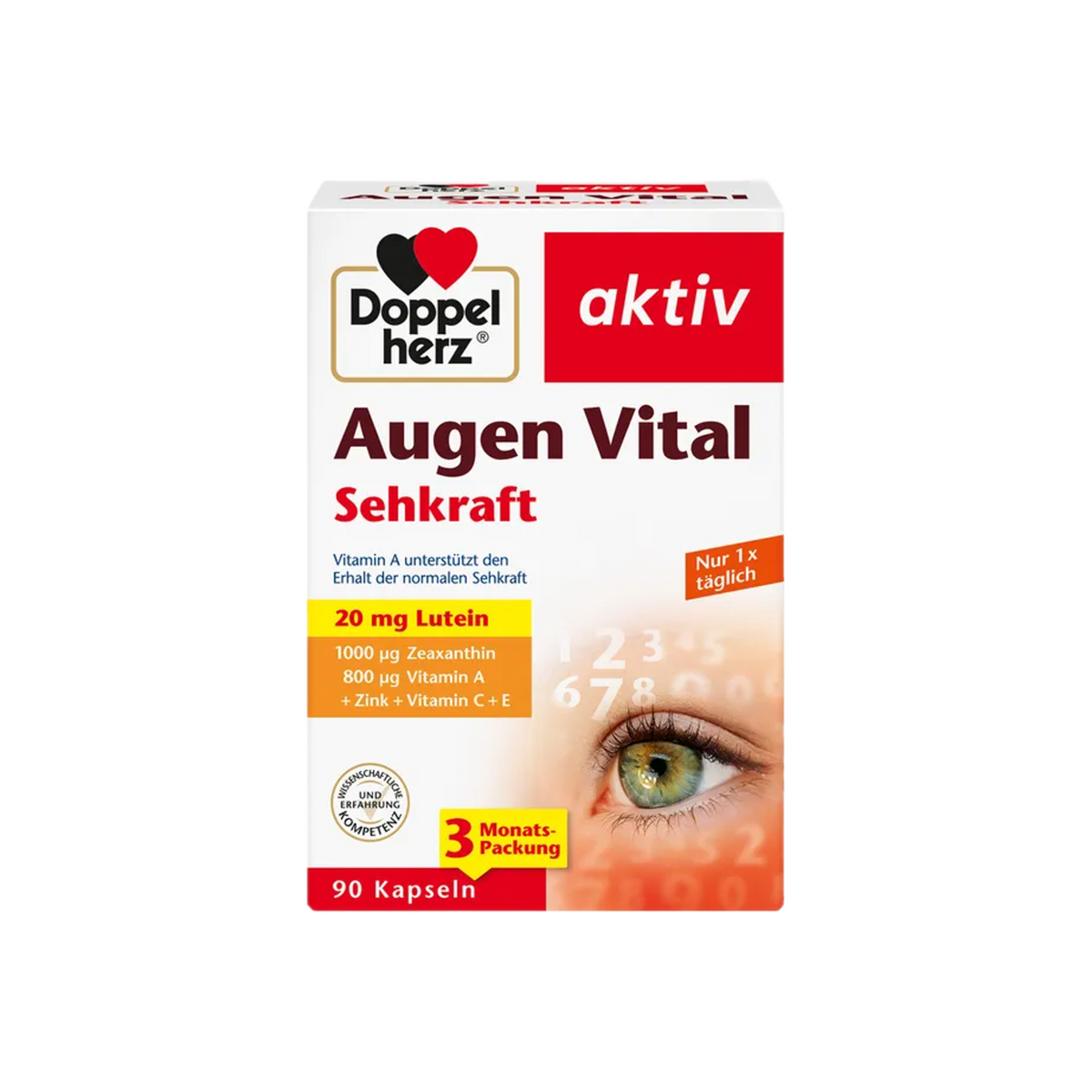 Doppelherz aktiv Augen Vital Sehkraft | Lutein 20 mg + Zeaxanthin + Vitamin A & Zinc | 90 Capsules | PZN 16664771