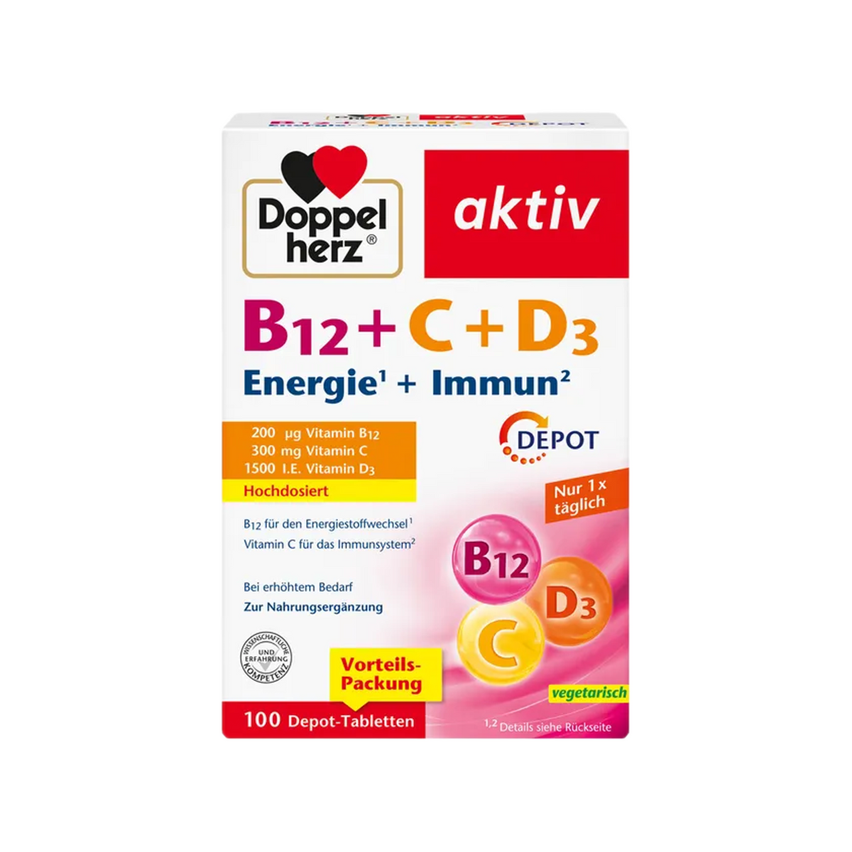 Doppelherz® aktiv B12 + C + D3 DEPOT | Energy & Immune Support | 100 Tablets | PZN 16926521