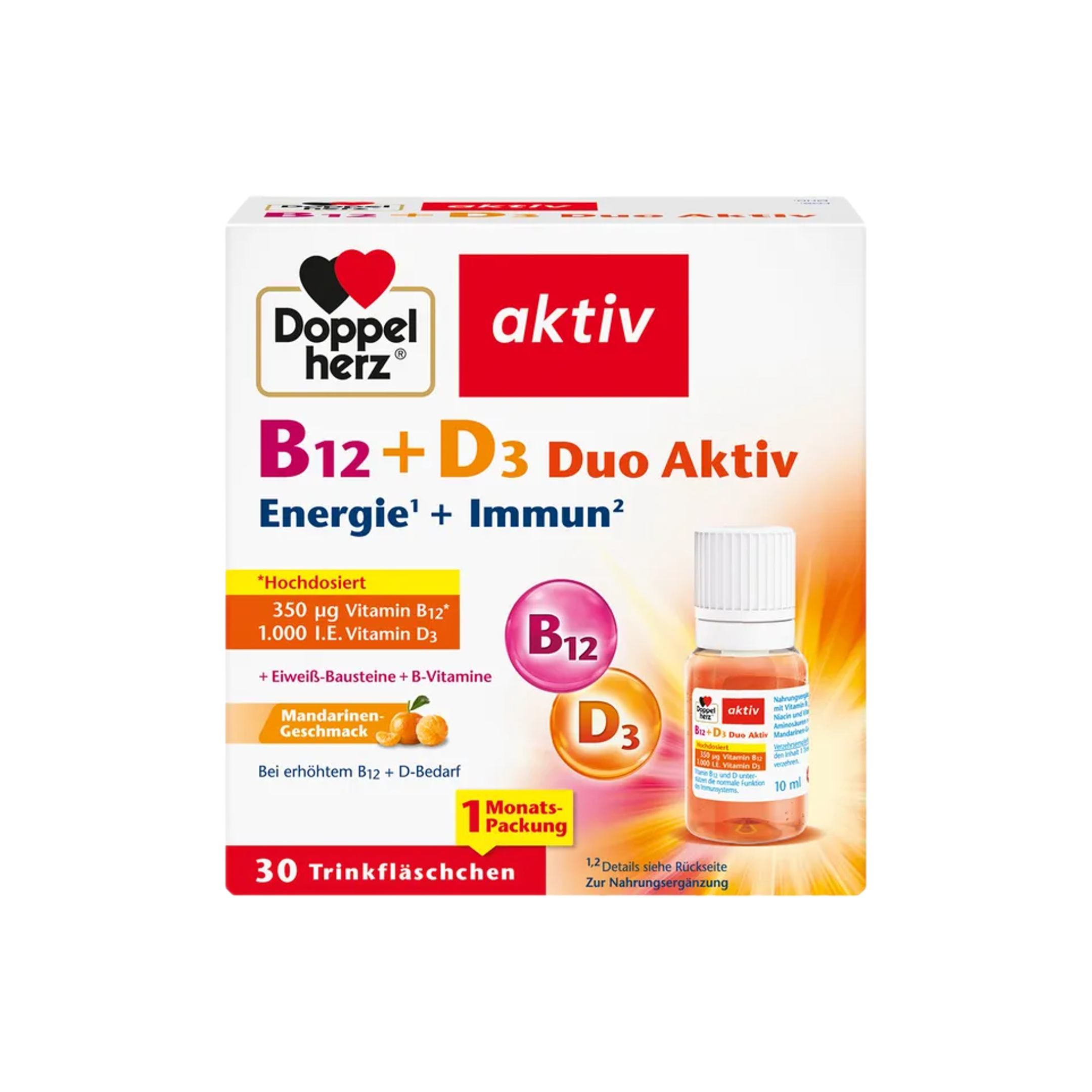 Doppelherz aktiv B12 + D3 Duo Aktiv | Vitamin B12 350 μg + Vitamin D3 1,000 IU | Energy & Immune Support | 30 Drinking Bottles | PZN 17586004