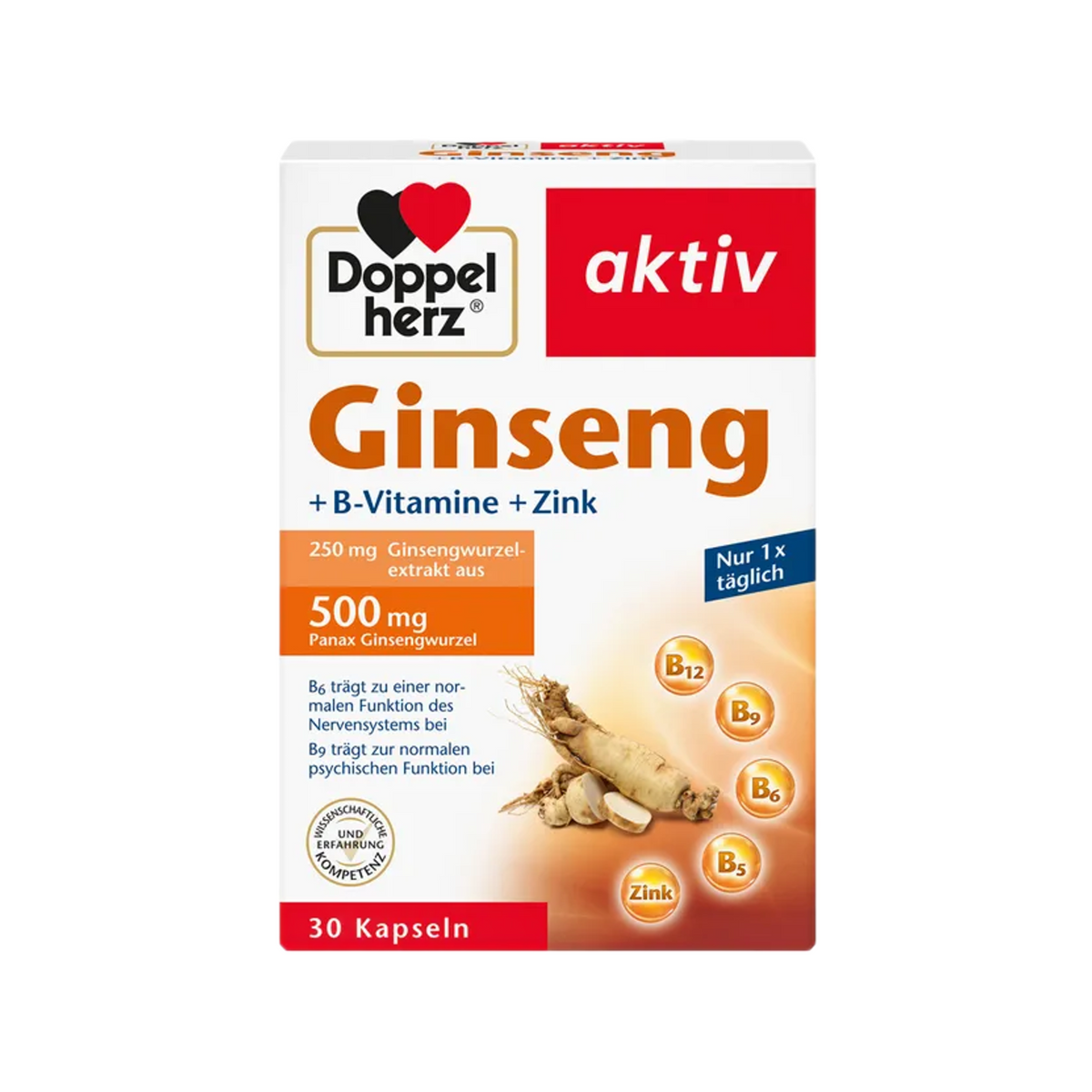 Doppelherz® aktiv Ginseng 250 + B Vitamins + Zinc | Energy, Mental Performance & Fatigue Support | 30 Capsules | PZN 16082684