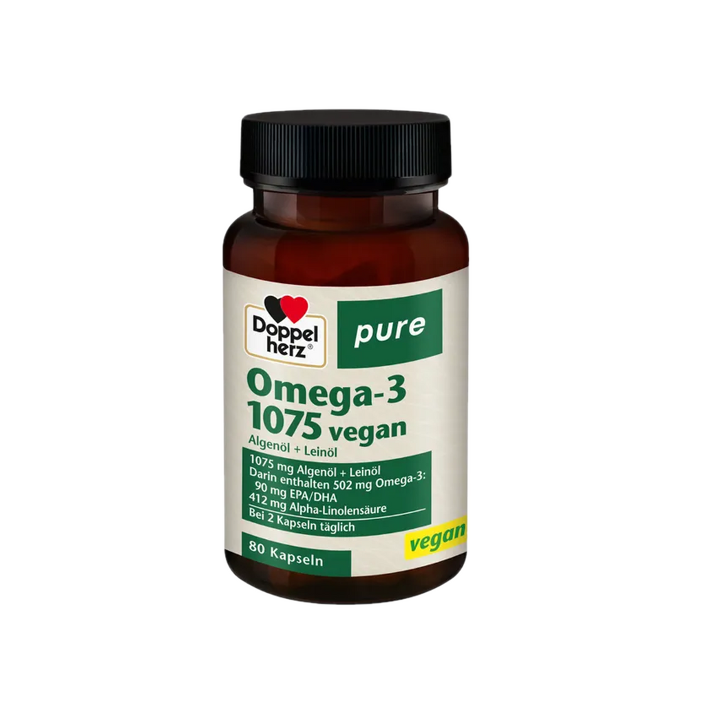 Doppelherz pure Omega-3 1075 Vegan | Algae Oil + Flaxseed Oil | EPA, DHA & ALA + Vitamin E | Fish-Free Plant-Based Omega-3 | 80 Capsules | PZN 17261503