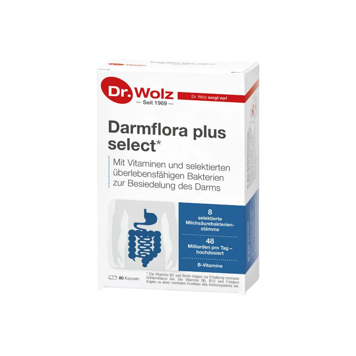 Dr. Wolz Darmflora plus select | 8 Bacterial Strains + 48 Billion Live Cultures & B Vitamins | 80 Capsules | PZN 06798312