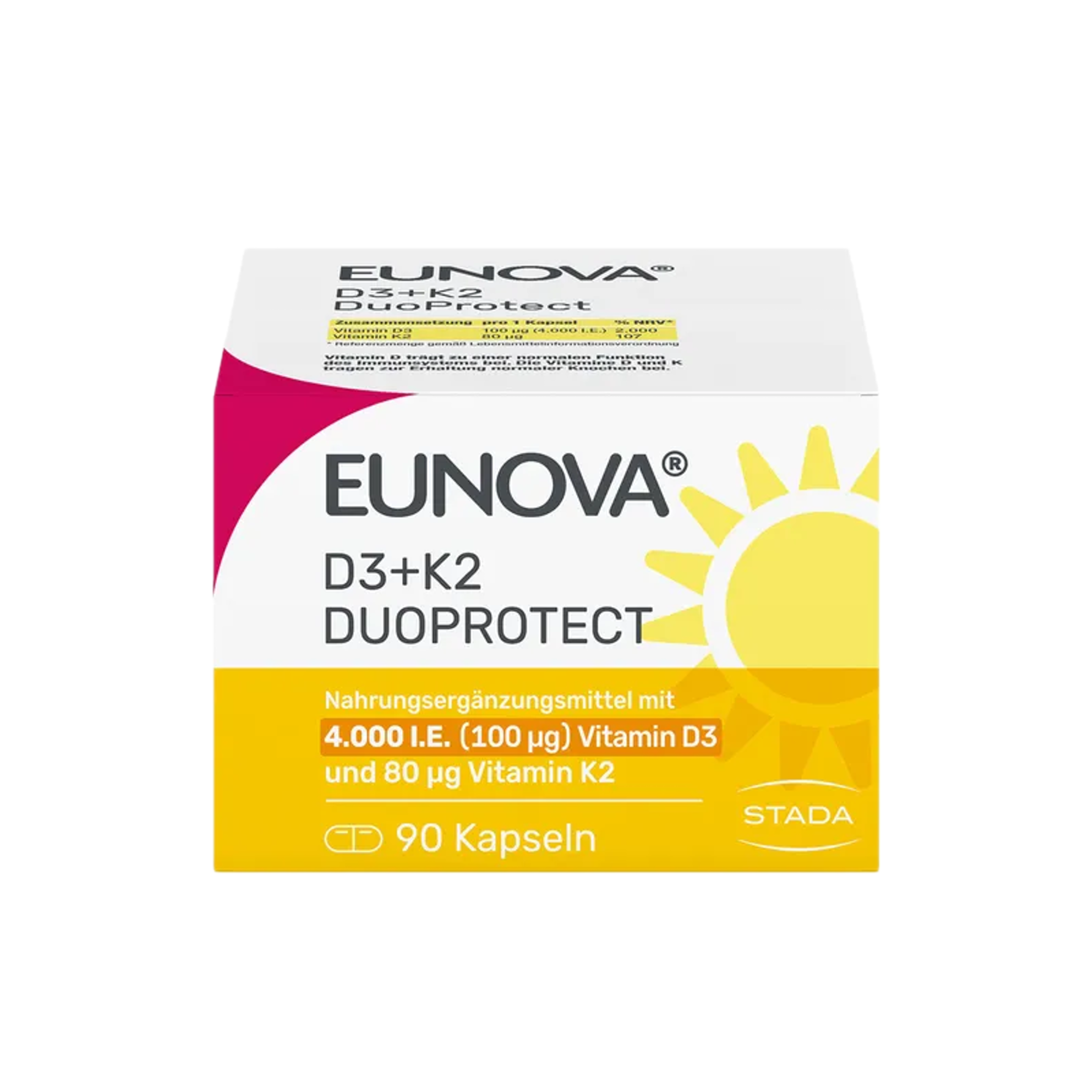 EUNOVA D3 + K2 DuoProtect 4,000 IU | Vitamin D3 100 μg + Vitamin K2 80 μg | Immune & Bone Support | 90 Capsules | PZN 14133561