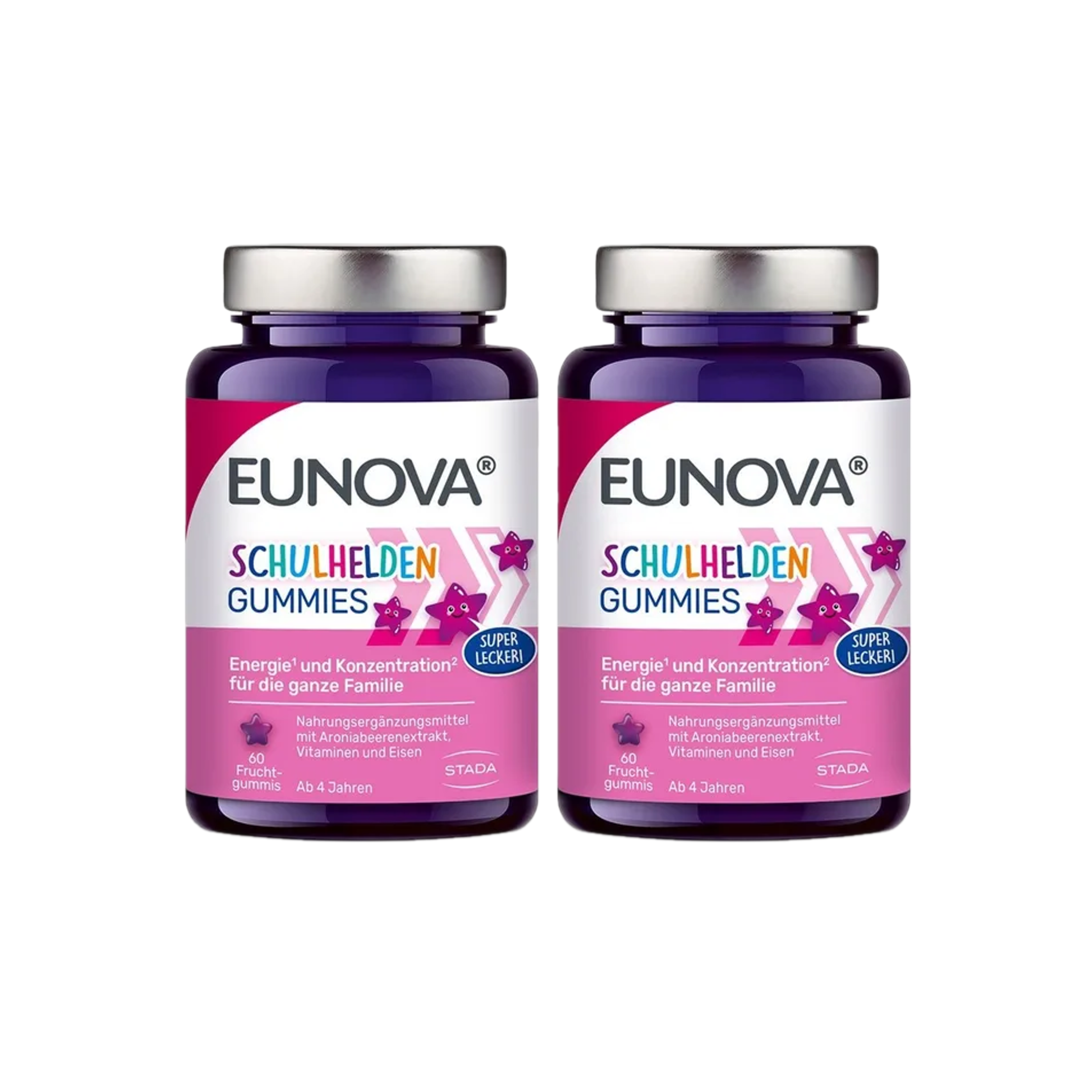 EUNOVA Schulhelden Gummies 2-Pack | Vitamin B6, B12, D3, Iron & Aronia | Energy & Cognitive Support | Strawberry | 2 × 60 Gummies | PZN 19128926