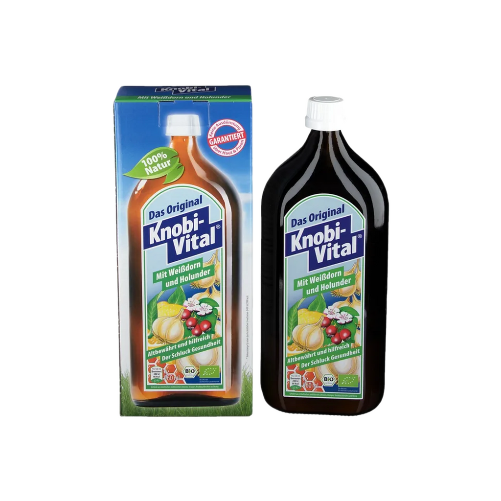 KnobiVital with Hawthorn & Elderberry | Organic Garlic, Hawthorn, Lemon, Orange & Honey Drink | Natural Thiamine for Heart & Energy Support | 960 ml | PZN 07748552