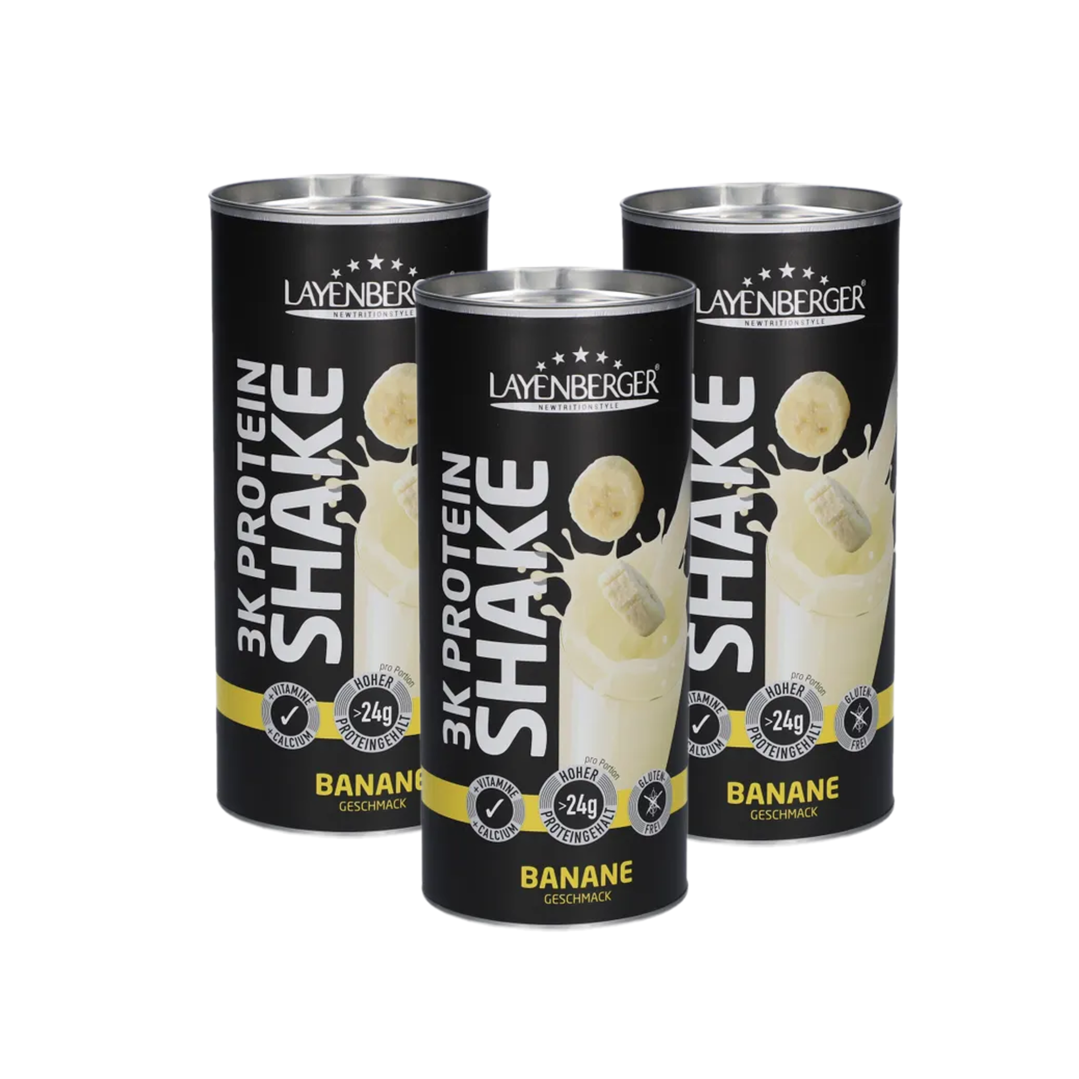 Layenberger 3K Protein Shake Banana | 80%+ Protein, Whey, Milk & Soy with L-Carnitine & Vitamins | 3 × 360 g | PZN 18163895