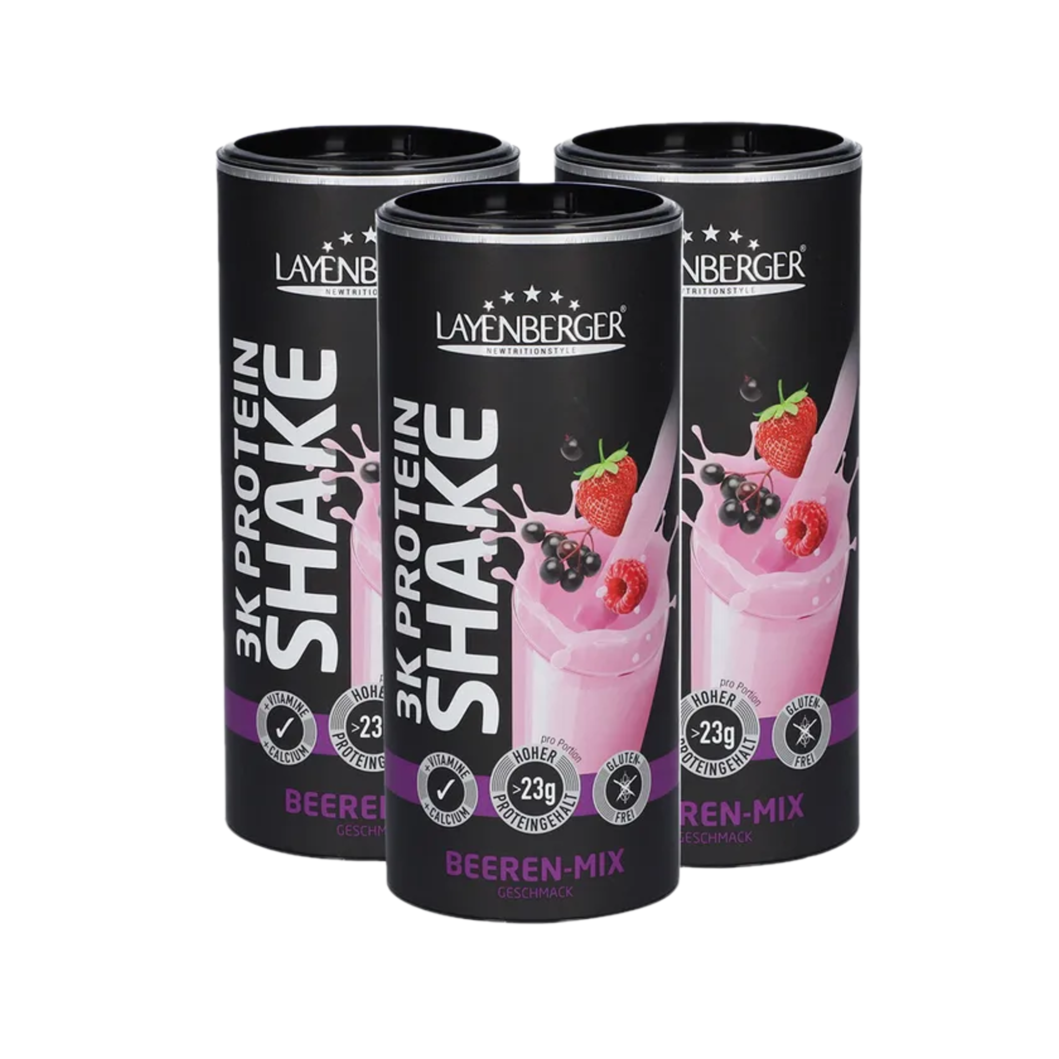 Layenberger 3K Protein Shake Berry Mix | 80% Protein, Whey, Casein & Soy with BCAA & L-Carnitine | 3 × 360 g | PZN 18163814