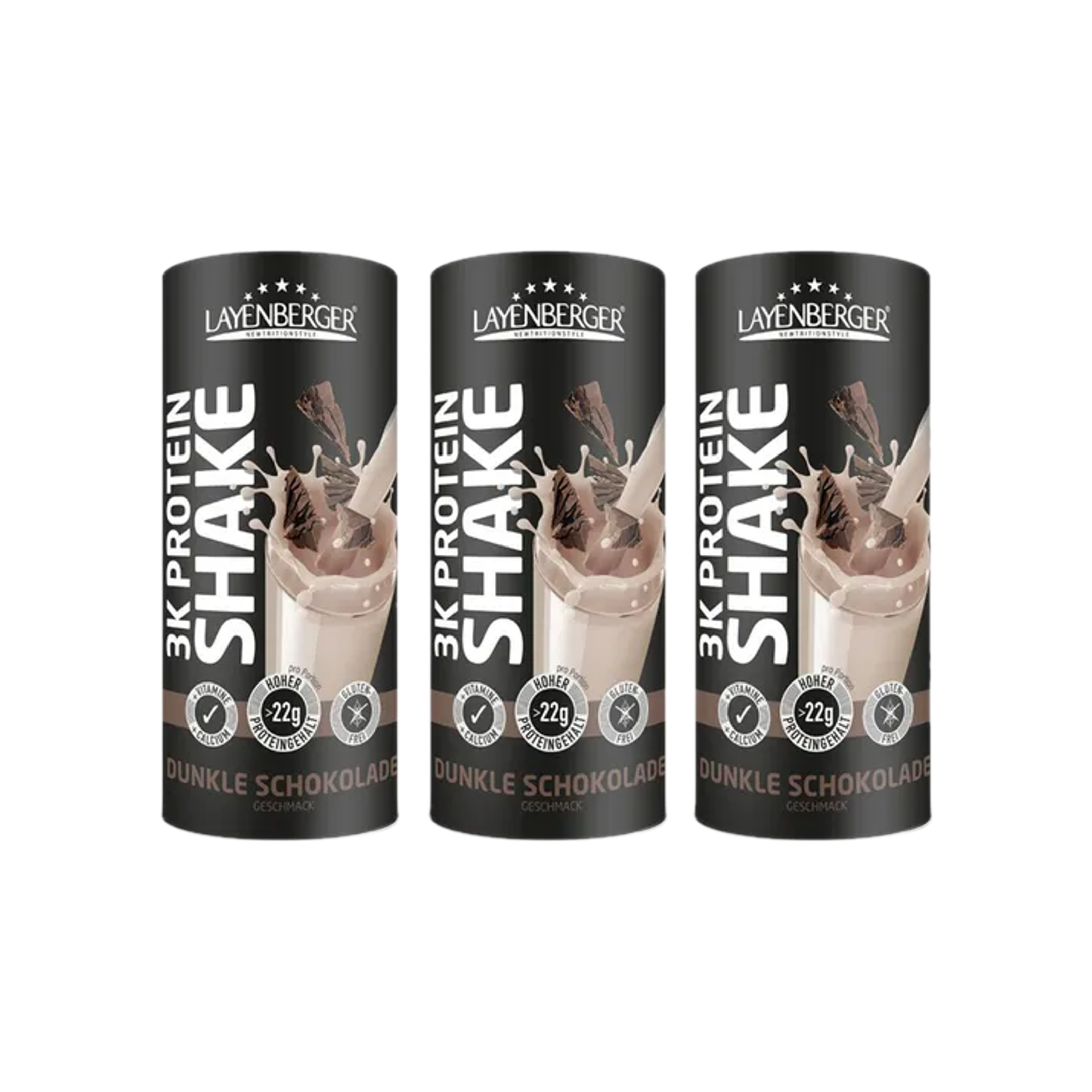 Layenberger 3K Protein Shake Dark Chocolate | 74%+ Protein, Whey, Casein & Soy with L-Carnitine, Vitamins & Calcium | 3 × 360 g | PZN 18163820