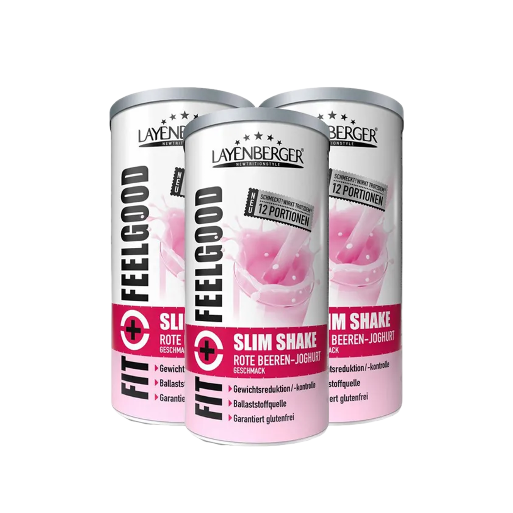 Layenberger Fit+Feelgood Slim Shake Red Berry Yogurt | High-Protein Meal Replacement with Fiber, Vitamins & Minerals | 3 × 396 g | 36 Servings | PZN 18117777