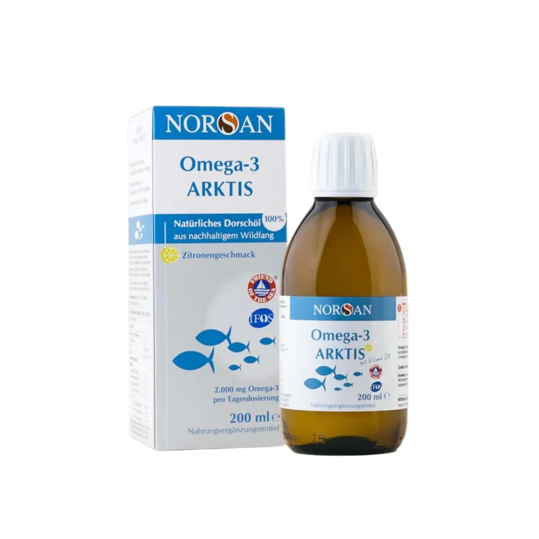 NORSAN Omega-3 Arktis | 2,000 mg Omega-3 EPA & DHA + Vitamin D3 | Natural Arctic Cod Liver Oil | Lemon Flavour | 200 ml | PZN 17297866