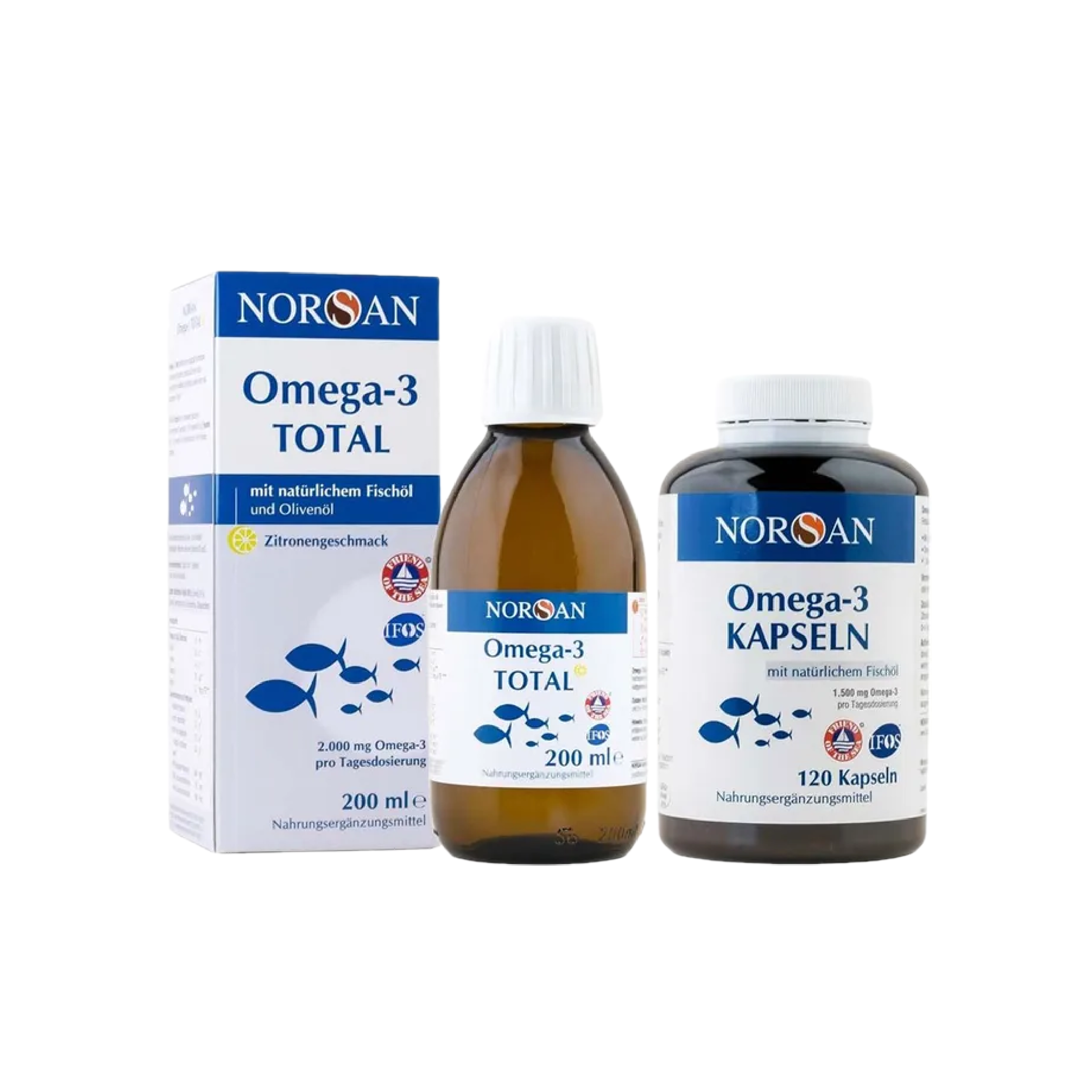 NORSAN Omega-3 Total Lemon + Omega-3 Capsules Bundle | High-Dose EPA & DHA | 200 ml PZN 13476520 + 120 Capsules PZN 13512730