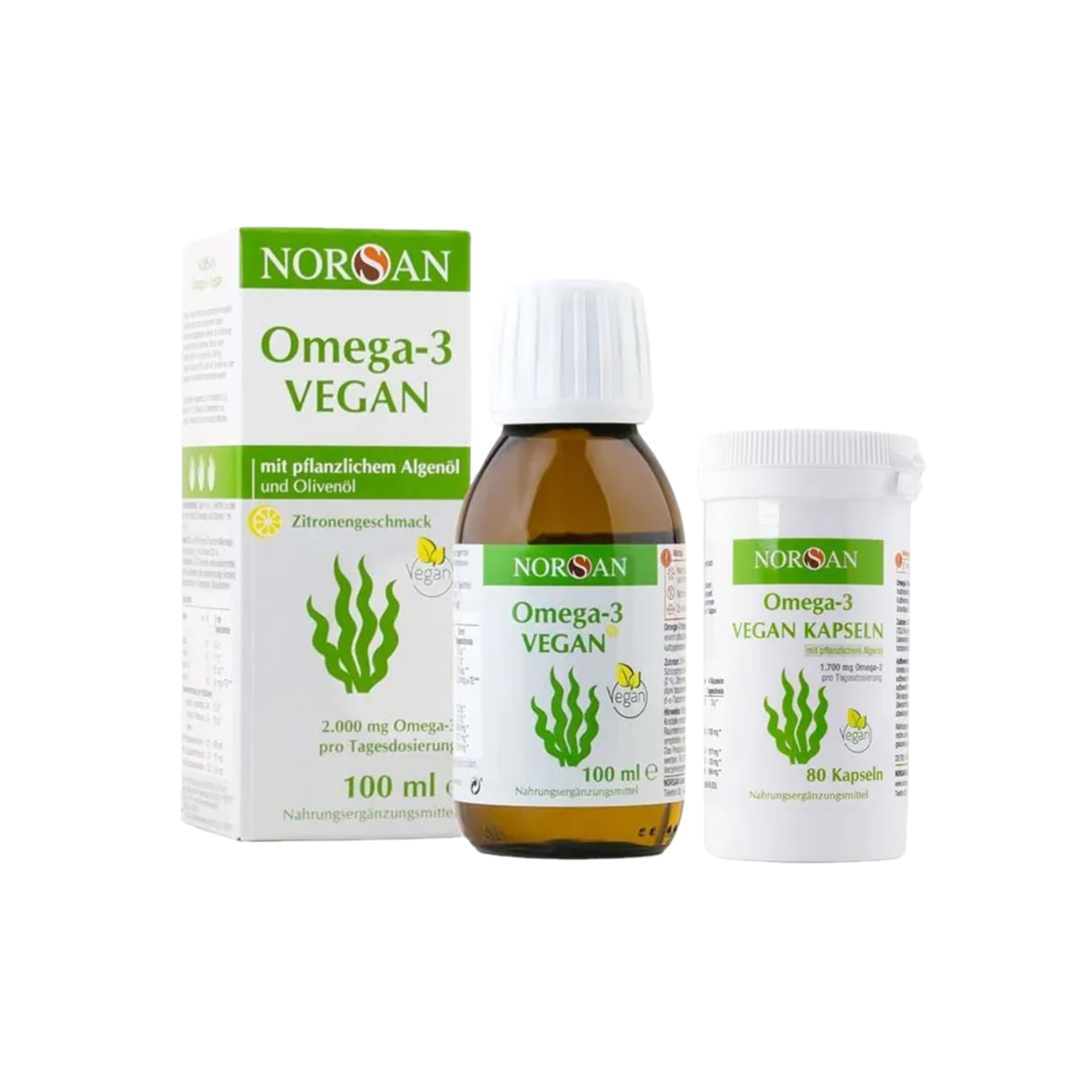 NORSAN Omega-3 Vegan Algae Oil + Capsules Bundle | EPA & DHA | 100% Vegan & Fish-Free | 100 ml PZN 13476394 + 80 Capsules PZN 17469184