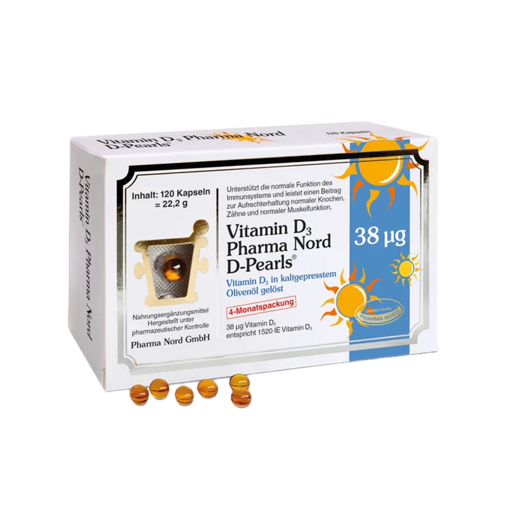 Pharma Nord Vitamin D3 D-Pearls | 38 μg / 1520 IU in Cold-Pressed Olive Oil | Immune, Bones & Muscles | 120 Capsules | PZN 12511473