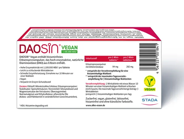DAOSiN Vegan DAO Enzyme | Plant-Based Diamine Oxidase from Pea Sprouts | 1,100,000 HDU per Tablet | Histamine Breakdown Support | 25 Mini Tablets | PZN 19627279