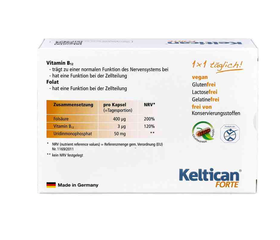 Keltican Forte 胶囊 80粒 | 尿苷单磷酸 (UMP) + 维生素 B12 + 叶酸 | 纯素食品补充剂 | 德国制造 | PZN 14352754