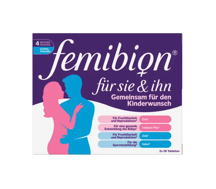 德国原装Femibion 男女备孕片56粒 | 助孕及备孕配方 | 叶酸，L-甲基叶酸，锌和硒 | PZN 19669131
