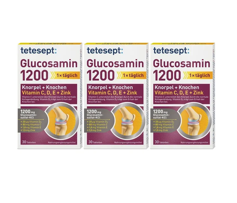 德国原装 tetesept 1200mg葡萄糖胺复合营养素片 90 粒 | 保护软骨，骨骼，肌肉和结缔组织，预防骨质酥松 | 含维生素 C、D3、锌和铜 德国制造 | PZN 16785339