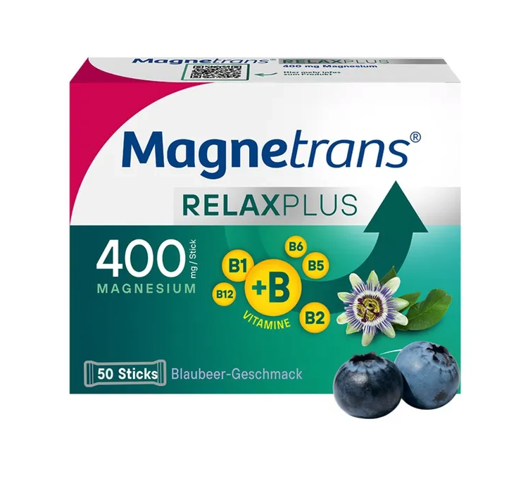德国原装 Magnetrans RelaxPlus 400毫克蓝莓味直饮颗粒 50支 |含 镁、5种B族维生素和西番莲提取物 | 保护神经和肌肉健康，缓解疲劳和压力，纯素 | 德国PZN 19203740