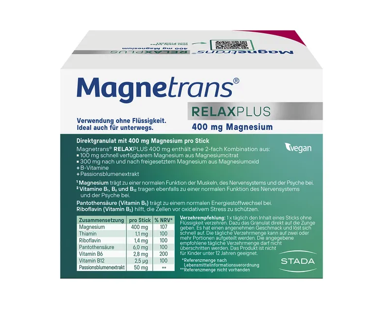 德国原装 Magnetrans RelaxPlus 400毫克蓝莓味直饮颗粒 50支 |含 镁、5种B族维生素和西番莲提取物 | 保护神经和肌肉健康，缓解疲劳和压力，纯素 | 德国PZN 19203740