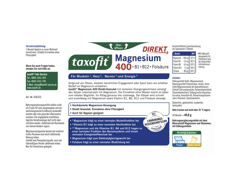 德国原装 taxofit 镁 400 + B1 + B6 + B12 + 叶酸 直服颗粒 60袋装 3盒套装| 橙子味 | 包含肌肉、神经，补充能量 | 纯素 PZN 02597700