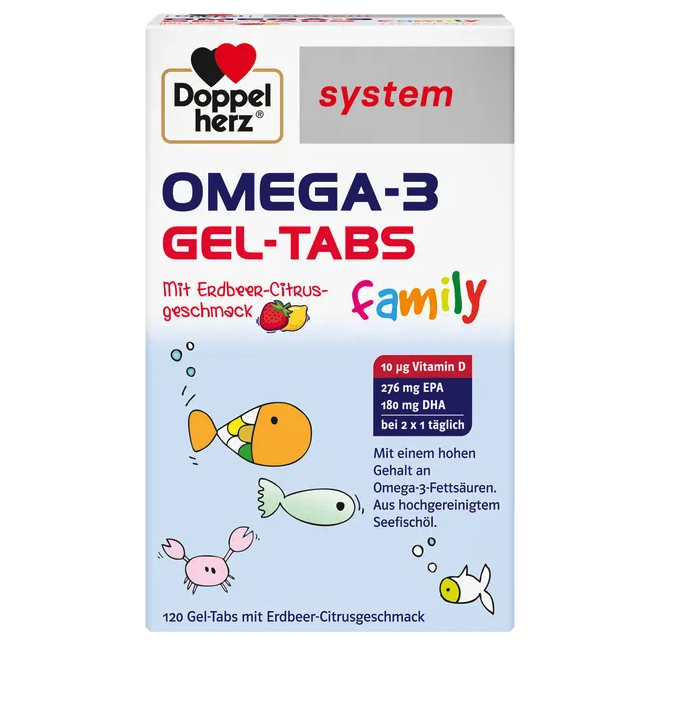 德国原装 Doppelherz 双心 Omega-3 凝胶咀嚼片 120片 家庭装| 含EPA、DHA 和 维生素D3 草莓柠檬味 | 支持大脑、心脏和骨骼健康 | PZN 19155834