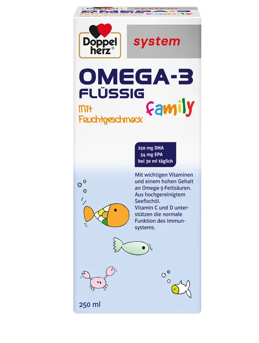 德国原装 Doppelherz 双心 系统深海鱼油口服液250毫升 家庭装 | Omega-3 EPA & DHA 添加维生素 A、C、D、E 和复合维生素 B | 益智健脑、保护心脏健康，增强免疫力 橙子口味 | PZN 12351259