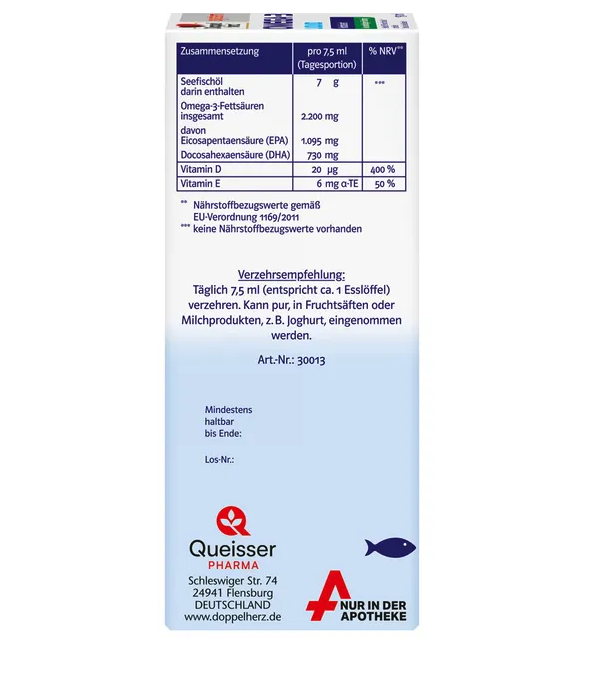 德国原装 Doppelherz双心 系统深海鱼油口服液150毫升 | 含2,200毫克Omega-3、EPA、DHA、维生素D3和维生素E | 支持心脏、大脑和视力健康 柠檬味 | 德国制造 PZN 15638381