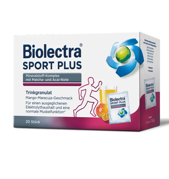 德国原装 Biolectra 加强型 运动支持符合营养素颗粒20袋 | 含镁、钙、钾、钠和氯化物电解质 芒果百香果味 抹茶和巴西莓 | 补充能量，缓解疲劳和压力，保护肌肉/骨骼健康 德国制造 PZN 12668022