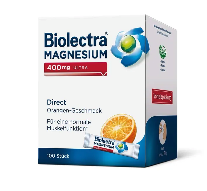 德国原装 Biolectra 镁 400 毫克 加强型直服颗粒100袋装 橙味  无水镁颗粒 | 支持肌肉、神经和能量 德国制造 | PZN 20113723