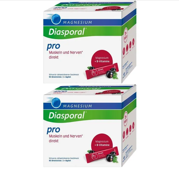 Magnesium Diasporal Pro Muscles + Nerves Direct Granules 180 Sticks | Double Pack | 300 mg Magnesium + Vitamin B Complex | Blackcurrant Flavor | Vegan | Made in Germany | PZN 20040266