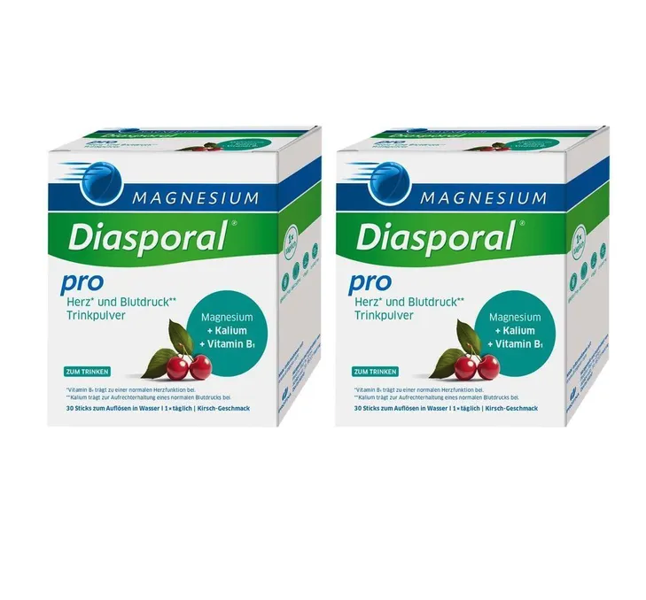Magnesium Diasporal Pro Heart & Blood Pressure Drink Powder 60 Sticks | Double Pack | 300 mg Magnesium + 500 mg Potassium + Vitamin B1 | Cherry Flavor | Vegan | Made in Germany | PZN 19979883
