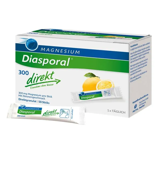 Magnesium Diasporal 300 Direct Granules 50 Sticks | 300 mg Magnesium Citrate Complex | Lemon Flavor | No Water Needed | Vegan | Made in Germany | PZN 05969496