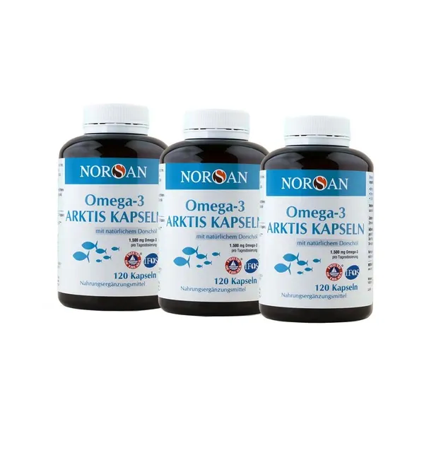NORSAN Omega-3 Arktis Capsules 120 Capsules × 3 Bottles | 1500 mg Omega-3 | Natural Cod Liver Oil | EPA, DHA & Vitamin E | Sustainable Arctic Wild Catch | Made in Norway | PZN 15638286