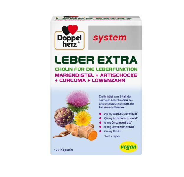 Doppelherz system Leber Extra Capsules 120 Capsules | Choline, Milk Thistle, Artichoke, Turmeric & Zinc | Vegan | Liver Function & Fat Metabolism | Made in Germany | PZN 19267266