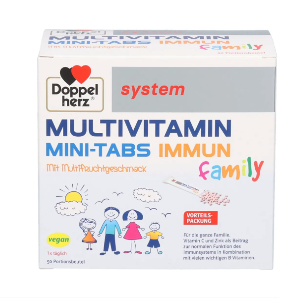 Doppelherz system Multivitamin Mini-Tabs Family 50 Sachets | Multivitamins & Zinc | Multivitamin Mini-Tabs | Multifrucht Flavor | For Children 4+ & Adults | Made in Germany | PZN 19962322