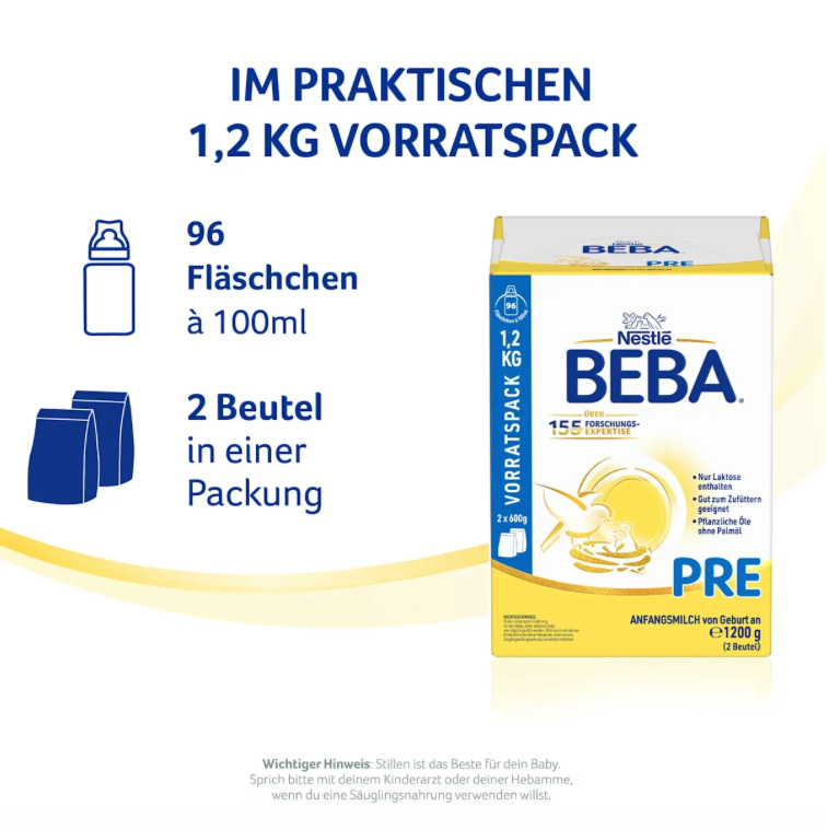 Nestlé BEBA PRE Infant Formula Triple Pack 3600g 3 × 1200 g | From Birth 5 HMOs & DHA | Lactose Only | Palm Oil Free