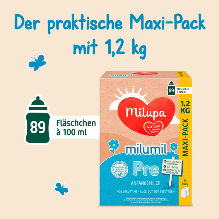 Milupa Milumil PRE Infant Formula Family Value Pack 3600g 3 × 1.2 kg | From Birth | GOS/FOS, DHA & ARA | Suitable for Combination Feeding